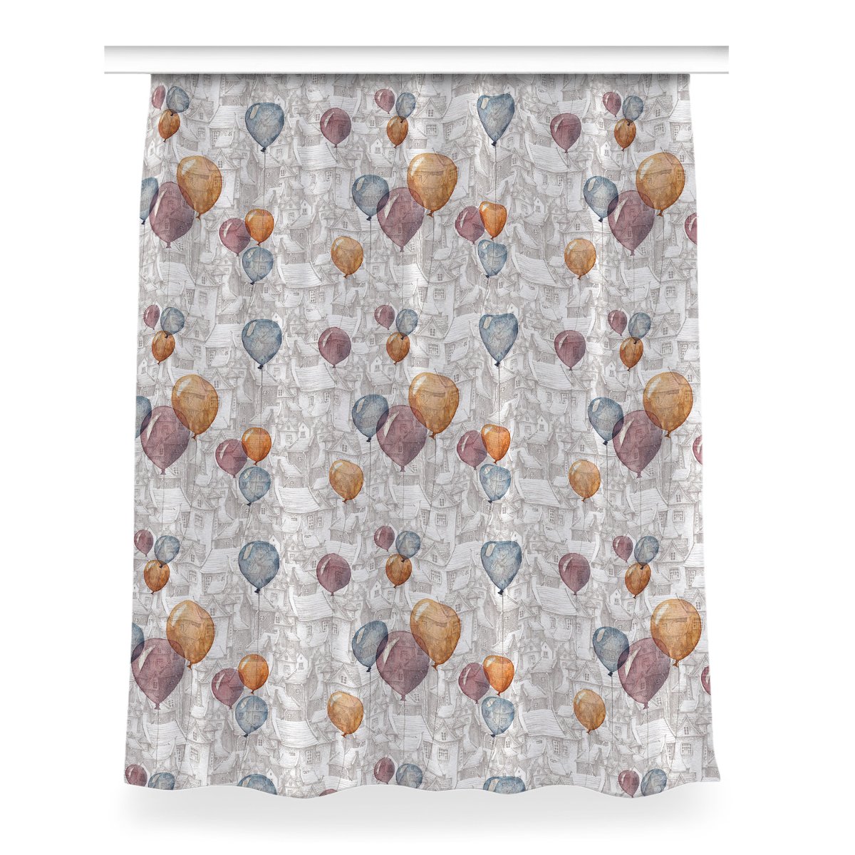 Zasłona z grafiką kolory Balony i domy 150x200 cm, Fabricsy