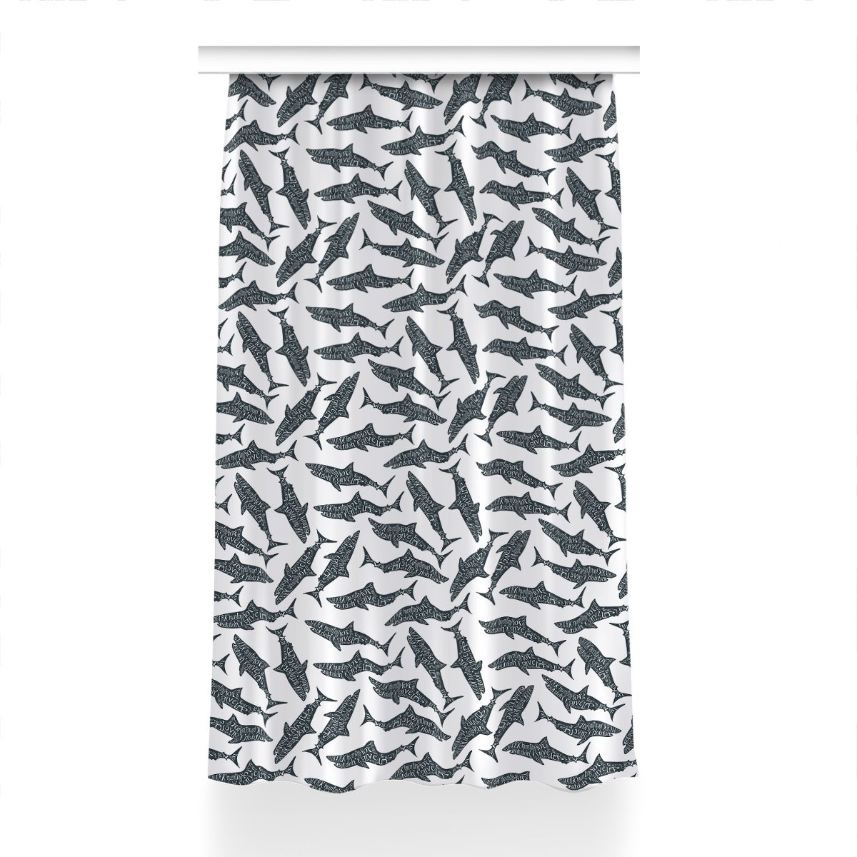 Zasłona z grafiką gotowa Typografia rekiny 150x230, Fabricsy