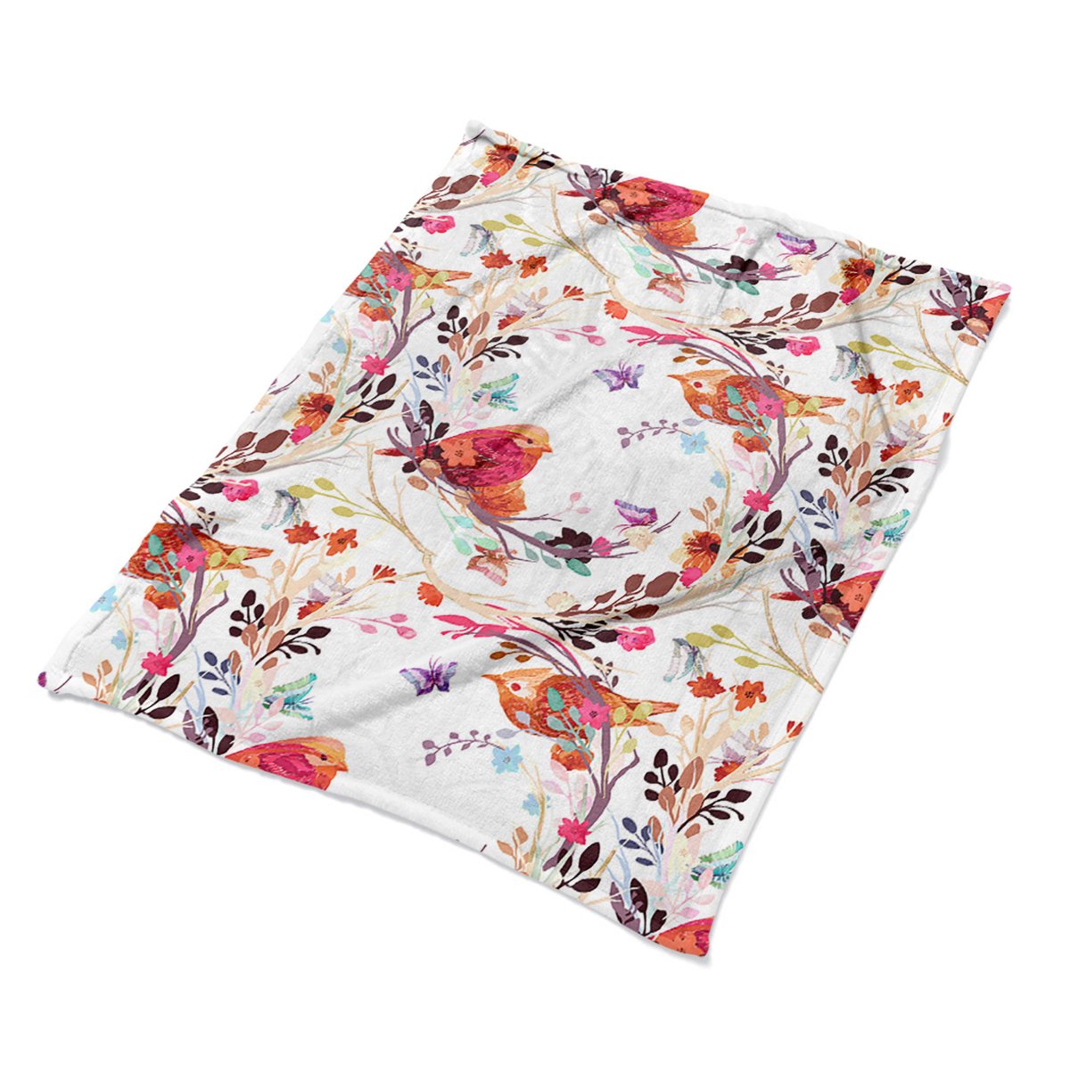 Kolorowy pluszowy pled koc Ptaki na gałęzi wzory, Fabricsy