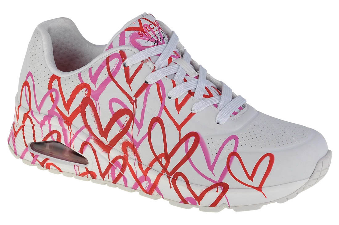 Skechers Damskie tenisówki Uno Spread The Love, Białe W czerwone i różowe serce nadruk Durabuck M, 40 EU