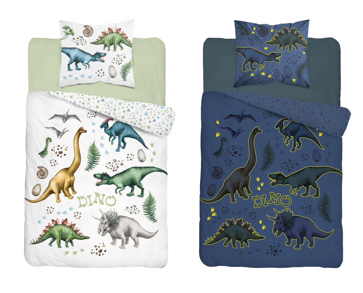 Pościel bawełniana świecąca w ciemności 160x200 Fluo dinozaury dino