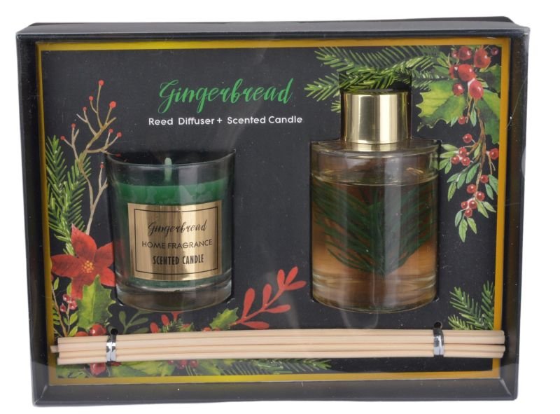 Zestaw dyfuzor zapachowy 60 ml + świeczka gingerbread 5x5x8 cm/ 5x5x5,5 cm