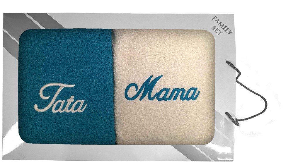 Komplet ręczników w pudełku 2 szt 50x100 Kremowy Turkusowy Mama Tata