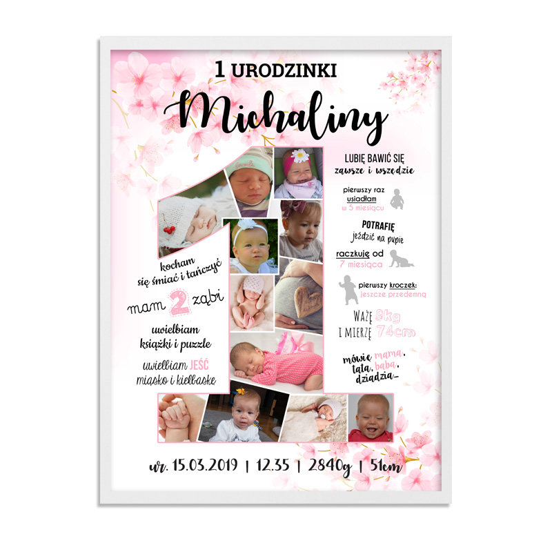 ROCZEK urodziny metryczka plakat zdjęcia + ramka a3, kwiat wiśni
