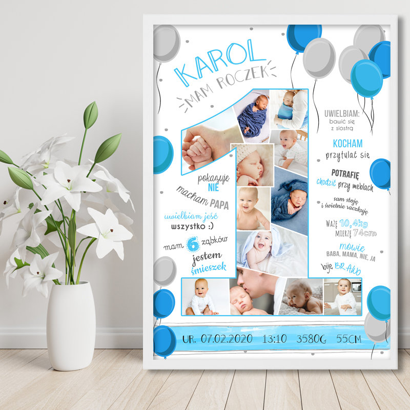 ROCZEK urodziny metryczka plakat zdjęcia + ramka a3, balony