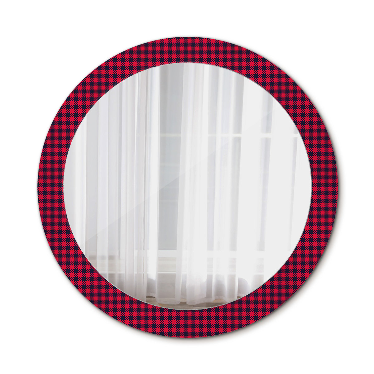 Nowoczesne Lustro Okrągłe Czerwona kratka 80cm
