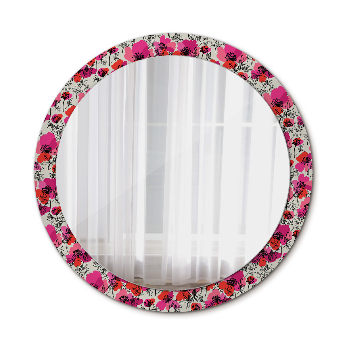 Okrągłe Lustro do Salonu Ścienne Różowe maki 90cm