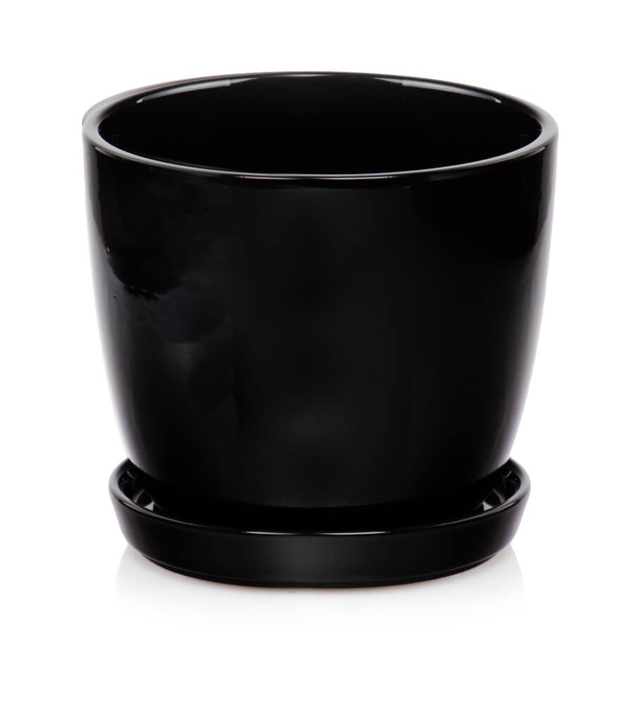 Okrągła Czarna Doniczka Z Podstawkiem 24X19 Cm