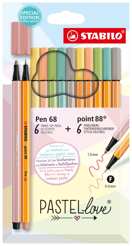 Zestaw Cienkopis STABILO point 88/Flamaster Pen 68 Pastellove etui kartonowe 12 szt.