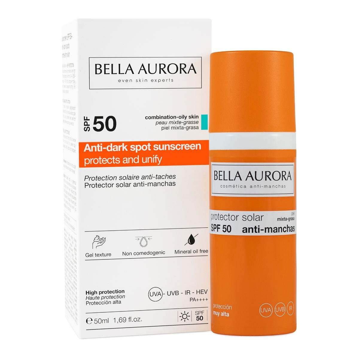 Bella Aurora, Przeciwsłoneczny krem ochronny SPF 50+ przeciw przebarwieniom do skóry mieszanej i tłustej, 50 ml