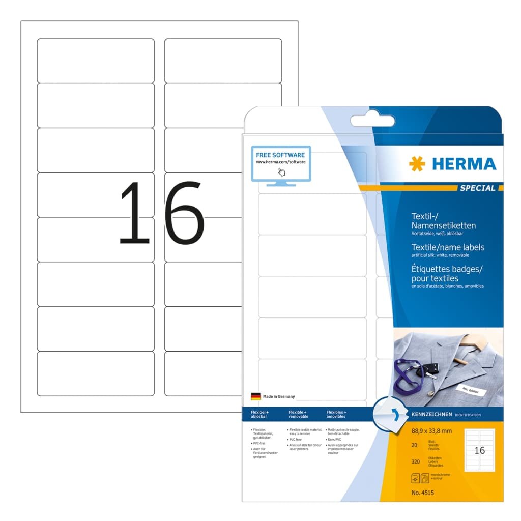 Herma Etykiety z nazwami wyjmowane A4 88,9 x 33,8 mm białe wykonane z jedwabiu octanowego do druku 4515 4515
