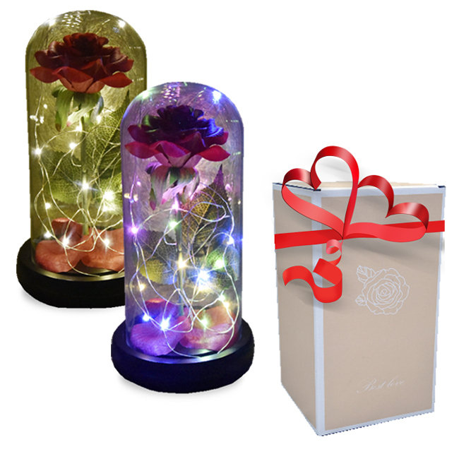 WIECZNA ŚWIECĄCA RÓŻA W SZKLE + LED SUPER PREZENT