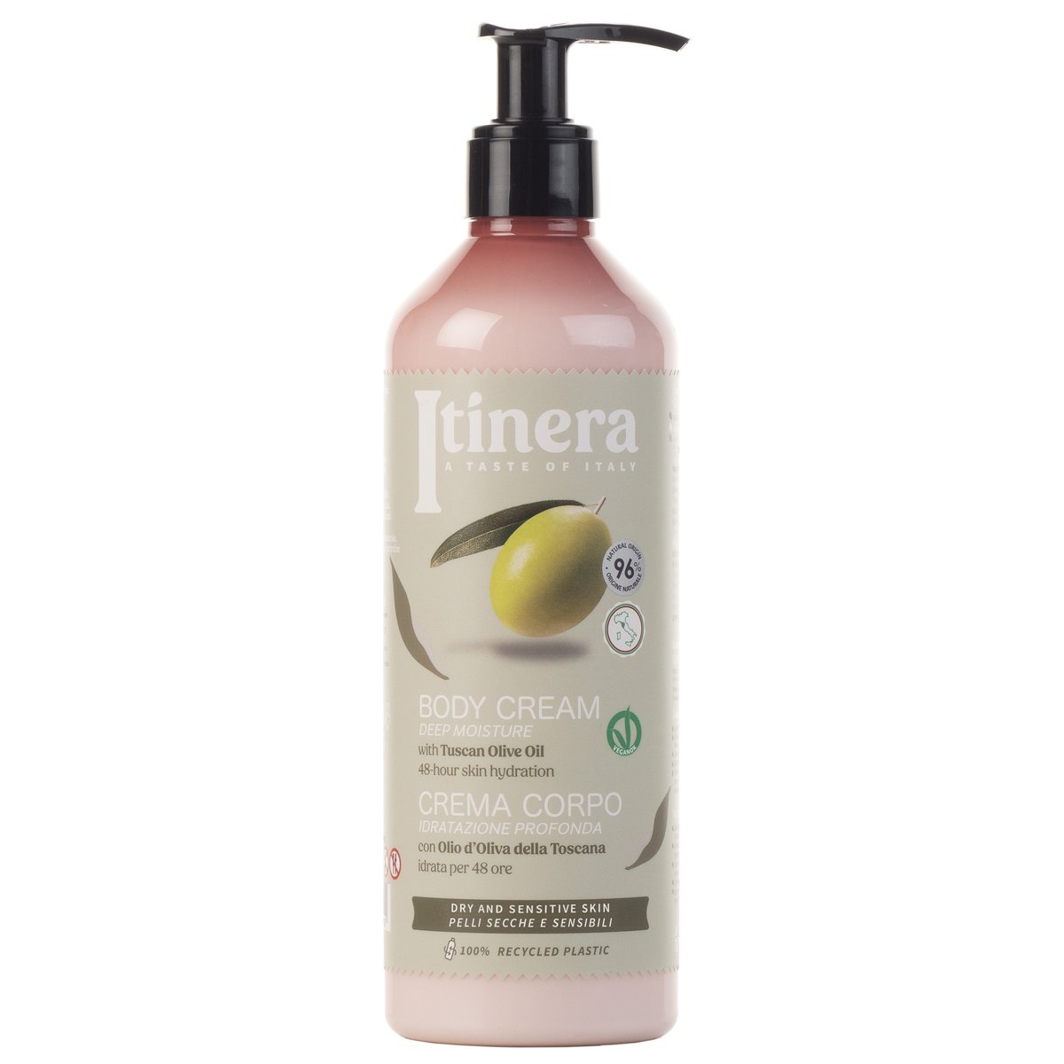 Itinera, Nawilżający balsam do ciała dla skóry suchej i wrażliwej z toskańską oliwą z oliwek, 96% naturalnych składników, 4x370 ml