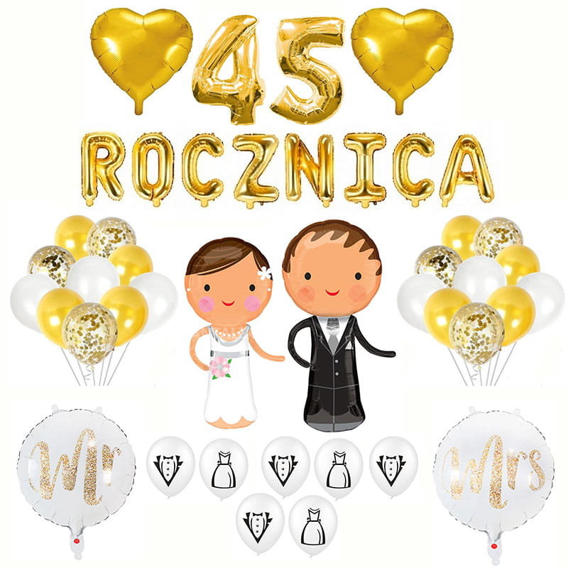 45 ROCZNICA ŚLUBU BALONY DEKORACJA ZESTAW ZŁOTY