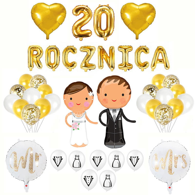 20 ROCZNICA ŚLUBU BALONY DEKORACJA ZESTAW ZŁOTY