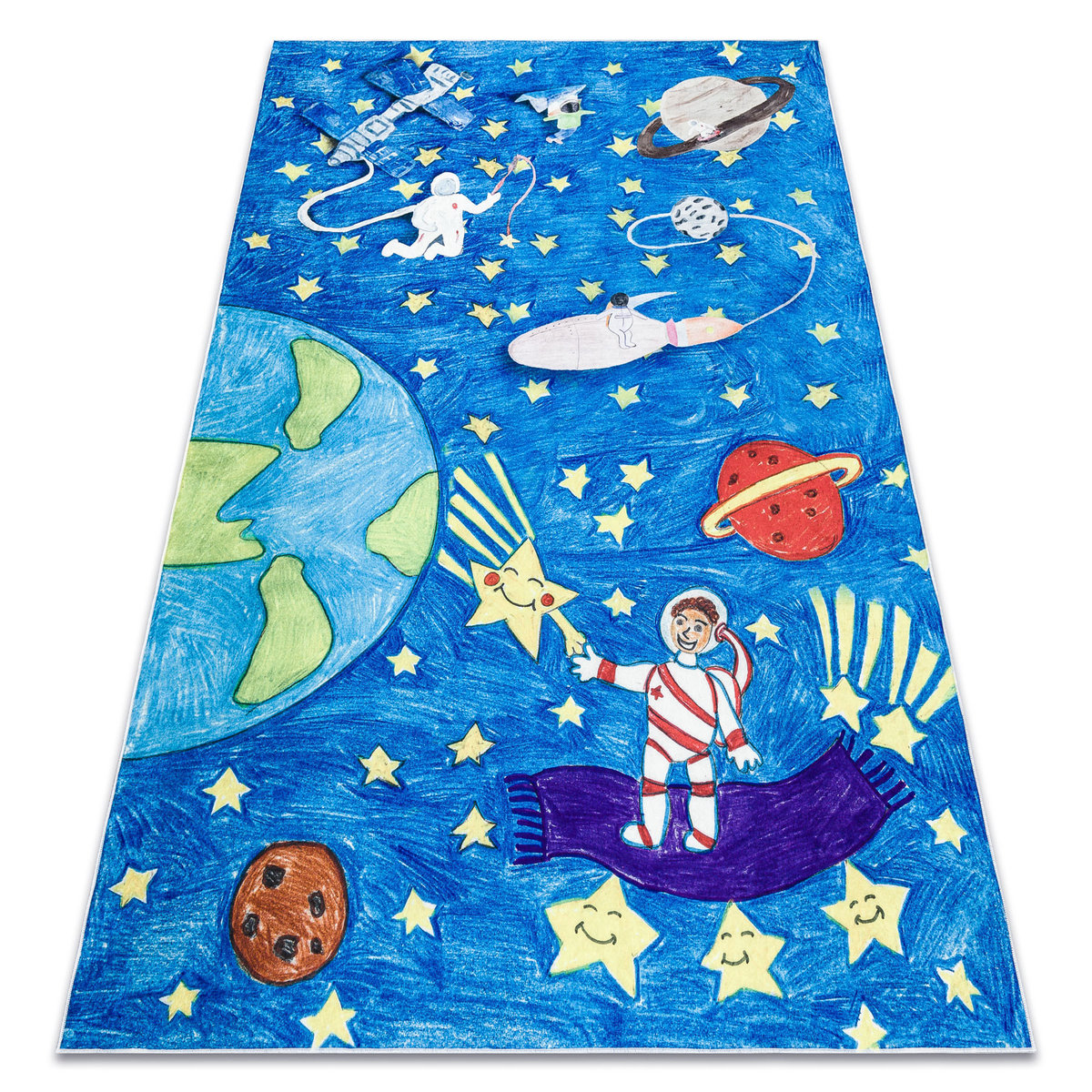 Dywan do prania BAMBINO 2265 Kosmos, rakieta dla dzieci, antypoślizgowy - niebieski, 120x170 cm