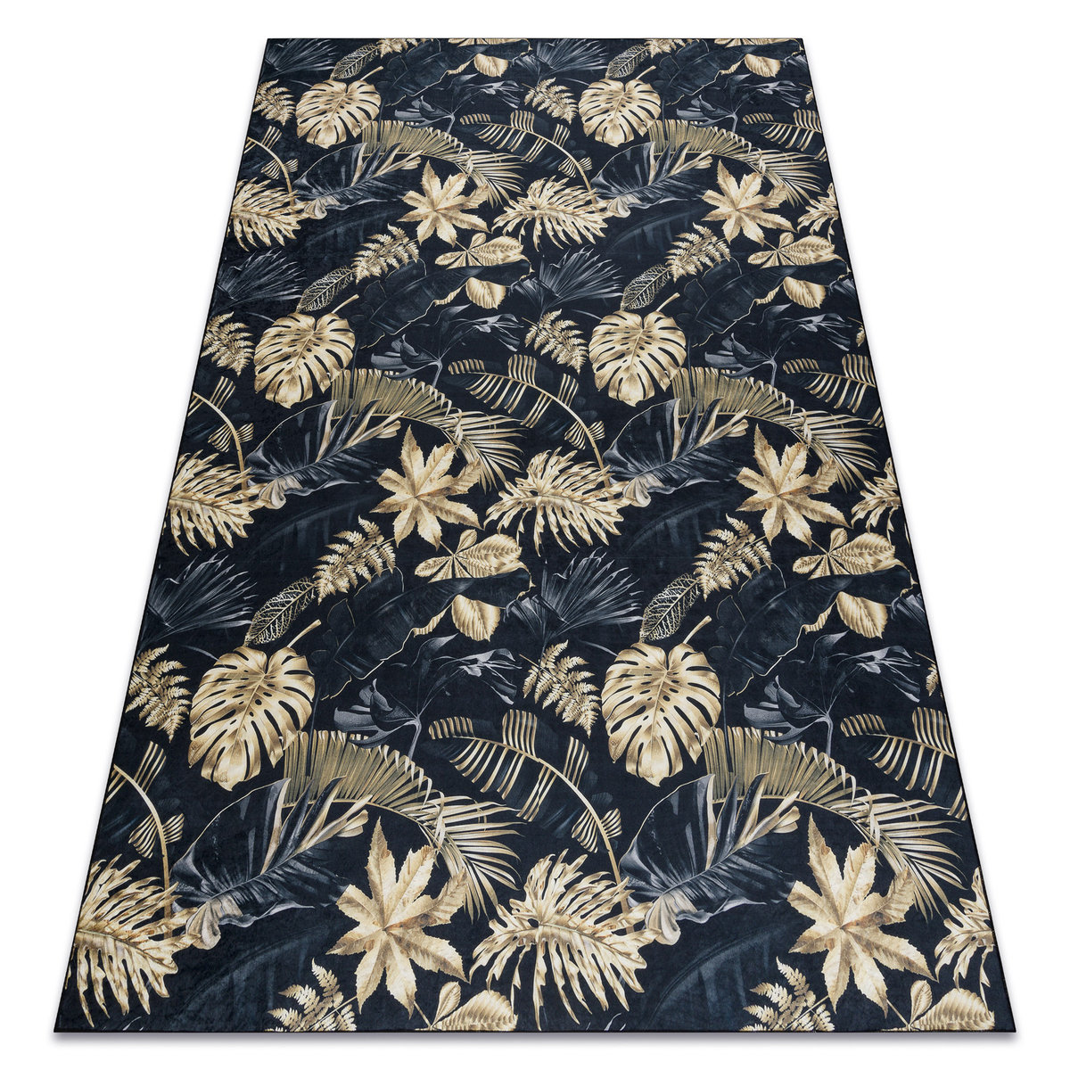 Dywan do prania ANDRE 1311 Liście Monstera antypoślizgowy - czarny / złoty, 160x220 cm