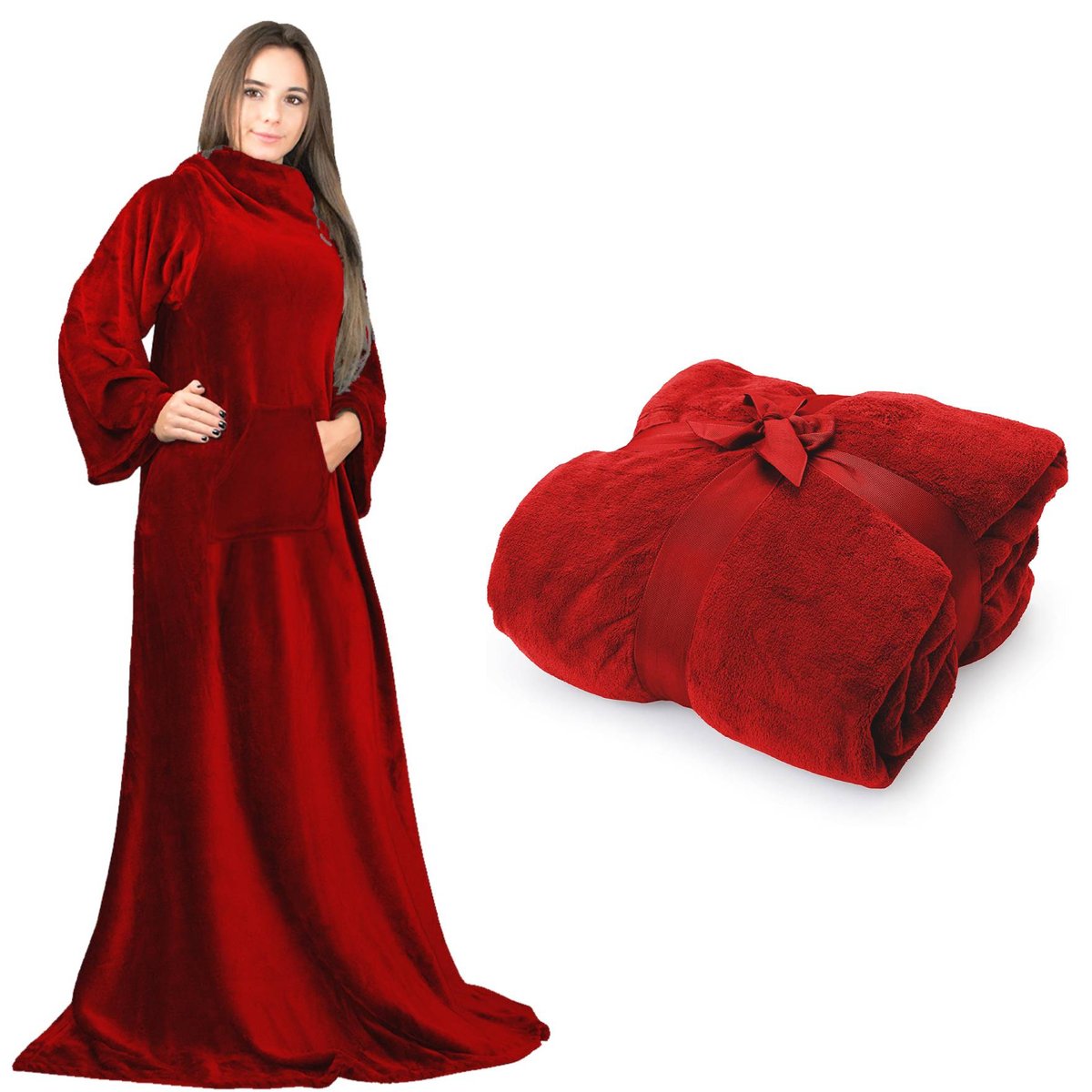 Koc z rękawami i kieszeniami 170x200 cm Czerwony