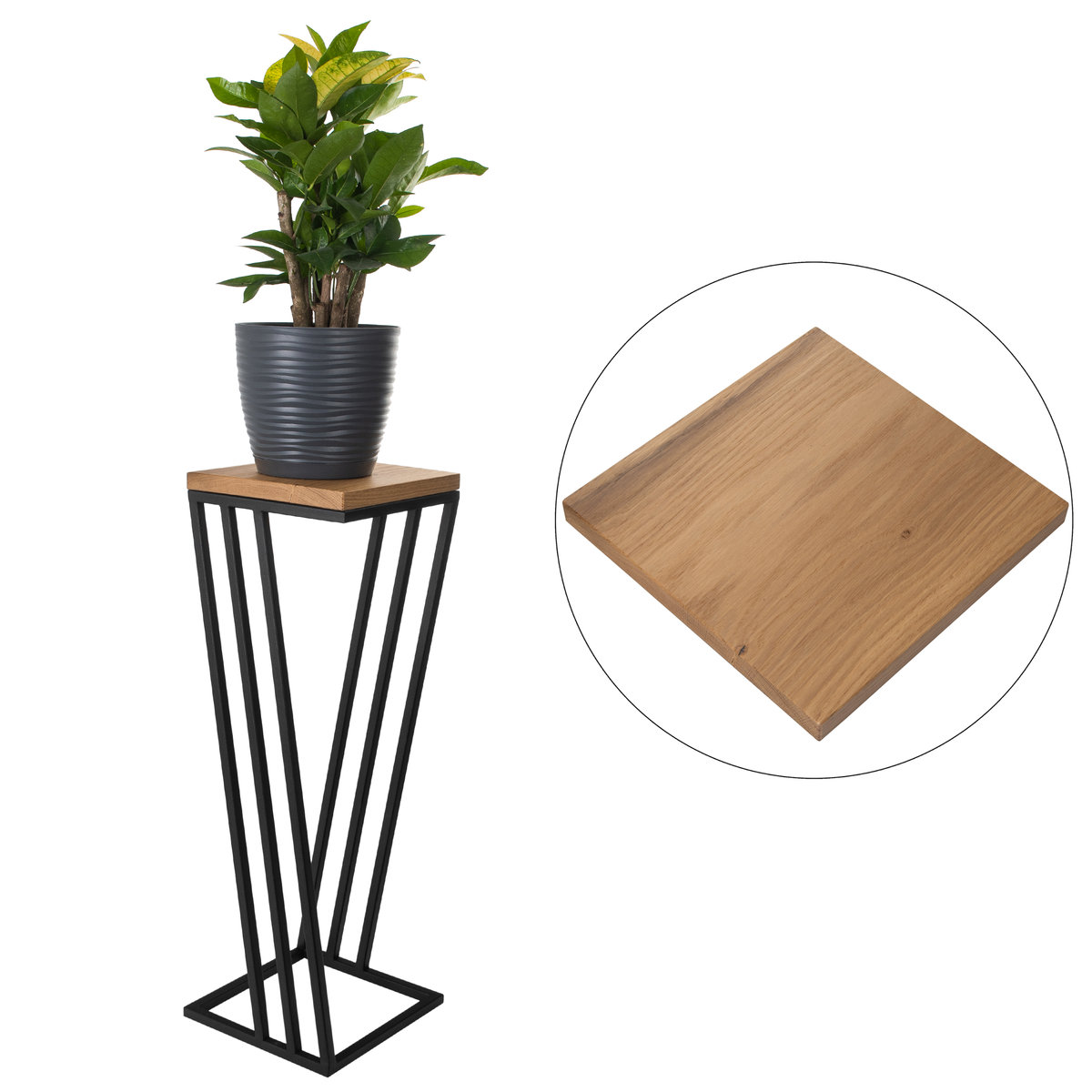 Kwietnik skosy LOFT stojak 50cm czarny metal deska dąb