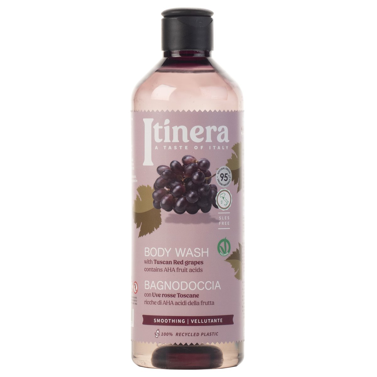 Itinera, Wygładzający płyn do mycia ciała z toskańskimi czerwonymi winogronami, 95% naturalnych składników, 4x370 ml