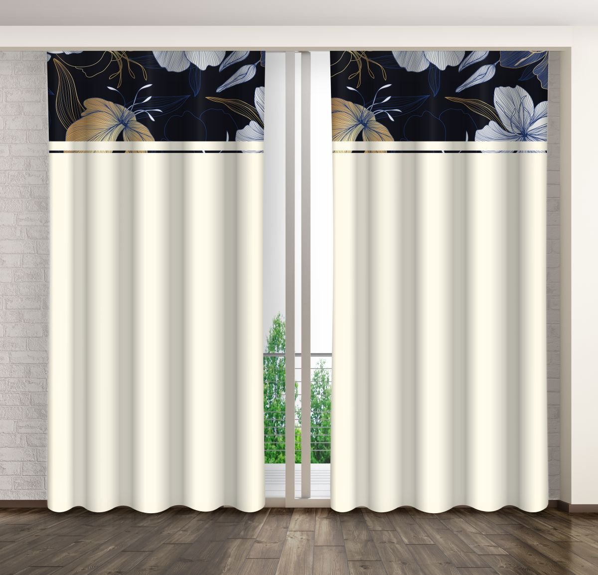 Zasłona gotowa na żabki, 160x250, ecru w kwiaty, ZMK-109