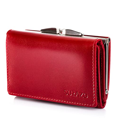 SURAZO® Skórzany portfel damski, mały, wiele przegródek – portfel damski z 12 przegródkami na karty [ochrona RFID] [przegródka na monety] prawdziwa skóra portfel damski portfel z klapką, czerwony, m