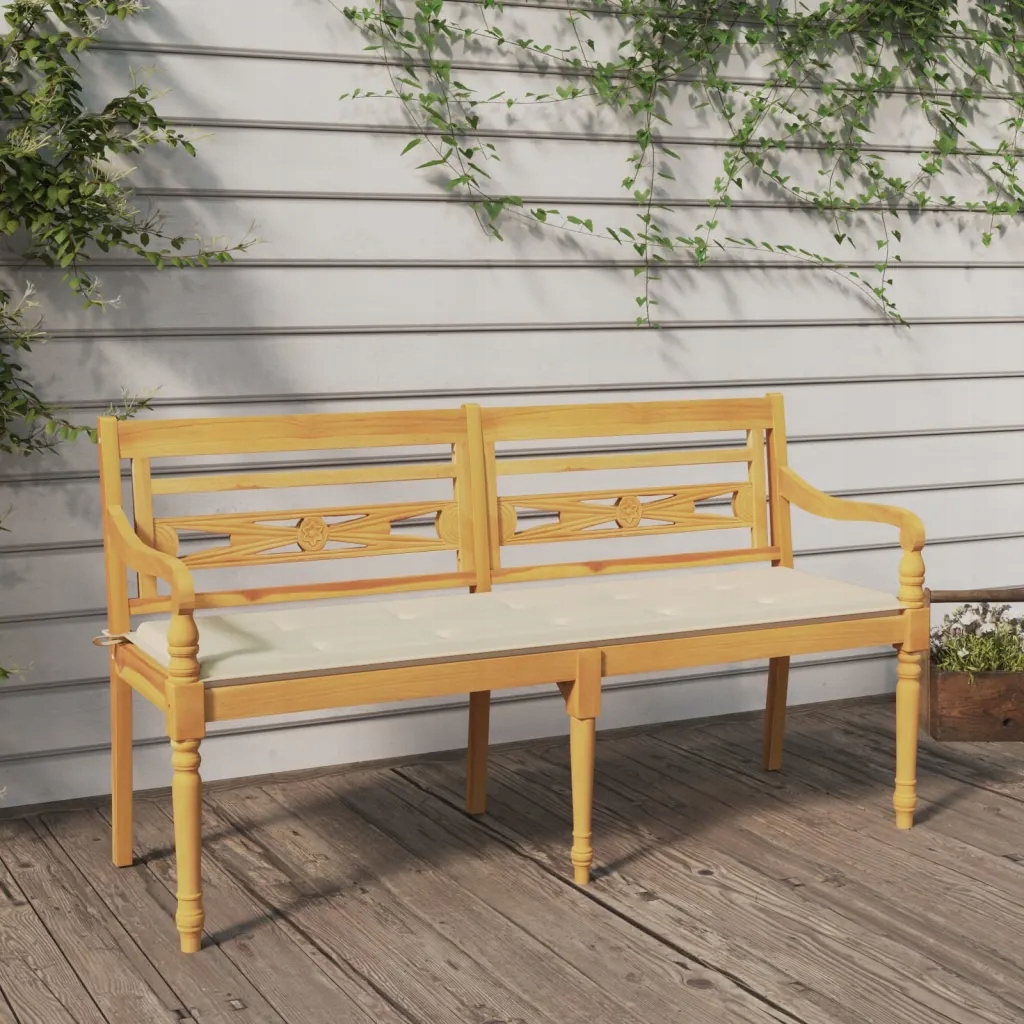 vidaXL Ławka Batavia z kremowa poduszką, 150 cm, lite drewno tekowe