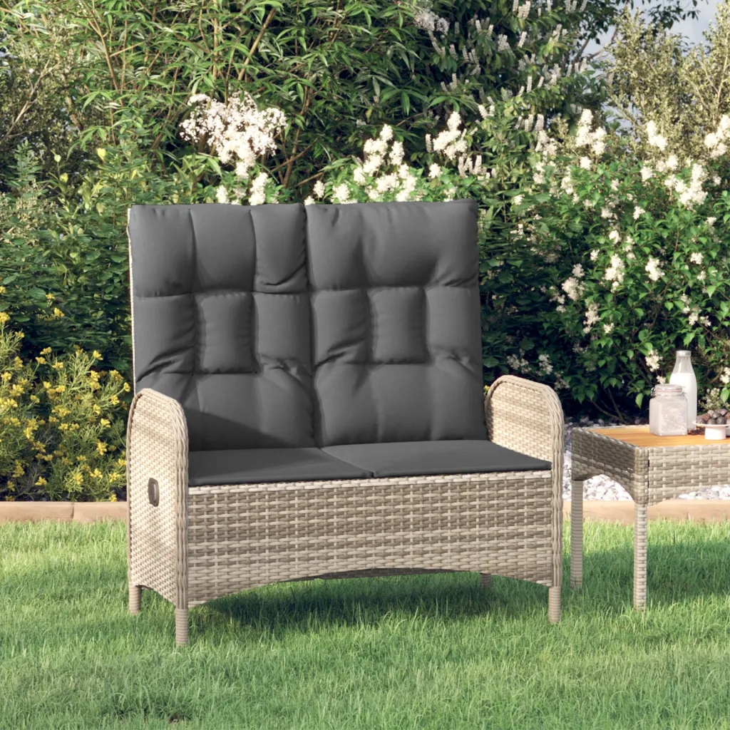 vidaXL Rozkładana ławka ogrodowa, poduszki, 107 cm, rattan PE, szara
