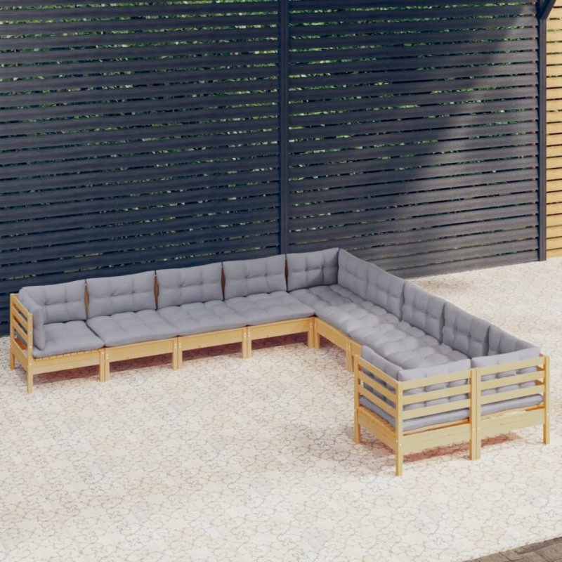 10-cz. zestaw wypoczynkowy do ogrodu, szare poduszki, sosna