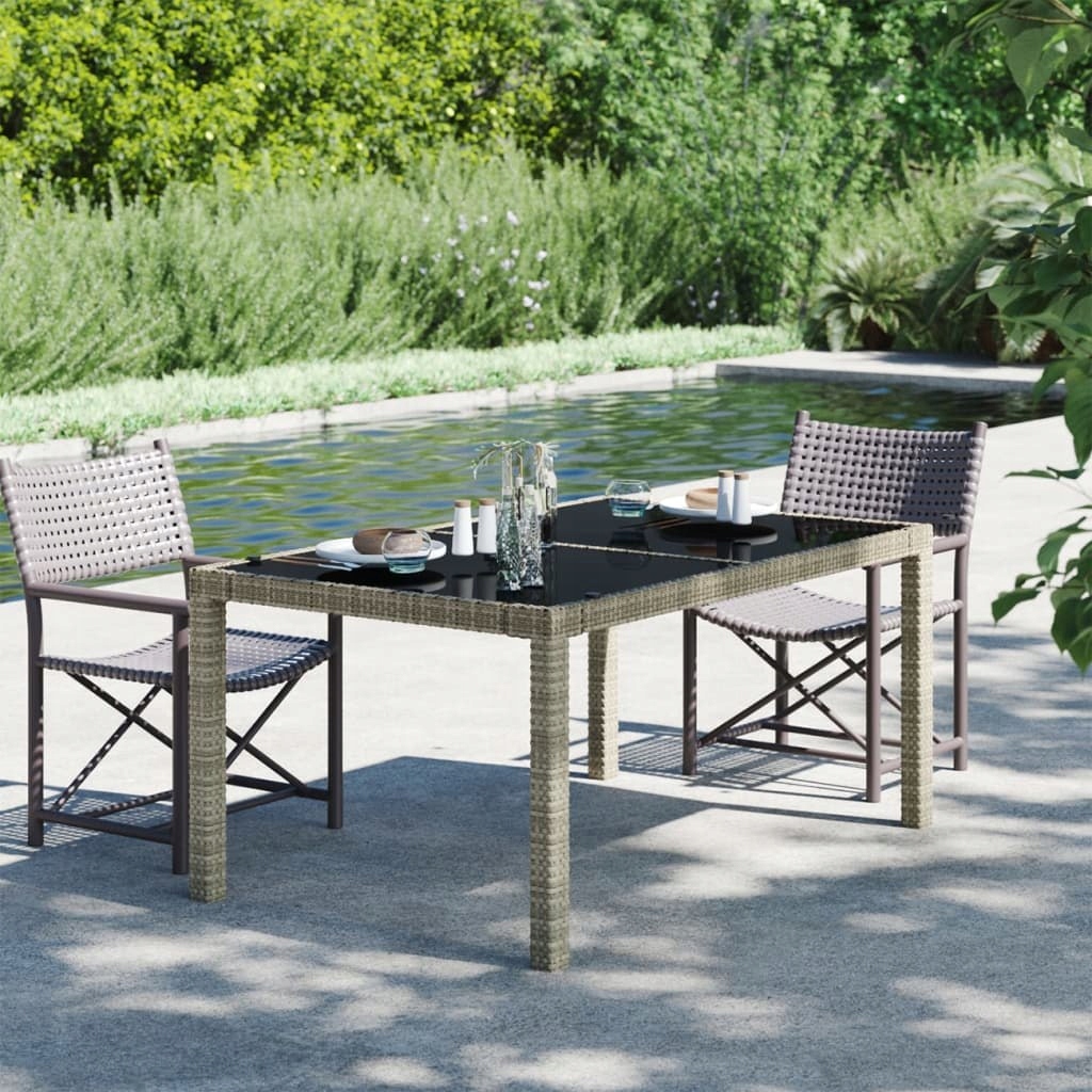 vidaXL Stół ogrodowy, 150x90x75 cm, szkło i rattan PE, szary