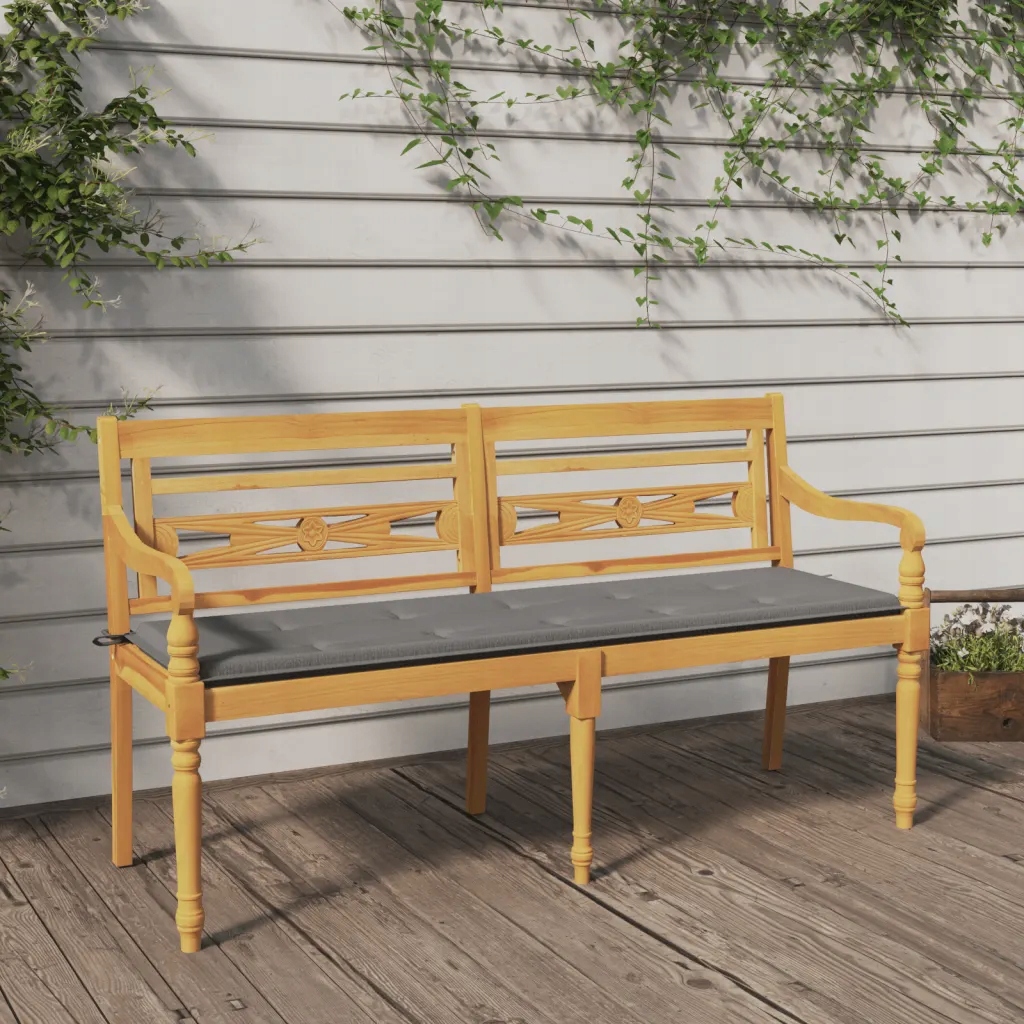 vidaXL Ławka Batavia z szara poduszką, 150 cm, lite drewno tekowe