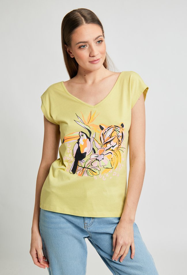 T-shirt damski z wzorzystym panelem - Monnari
