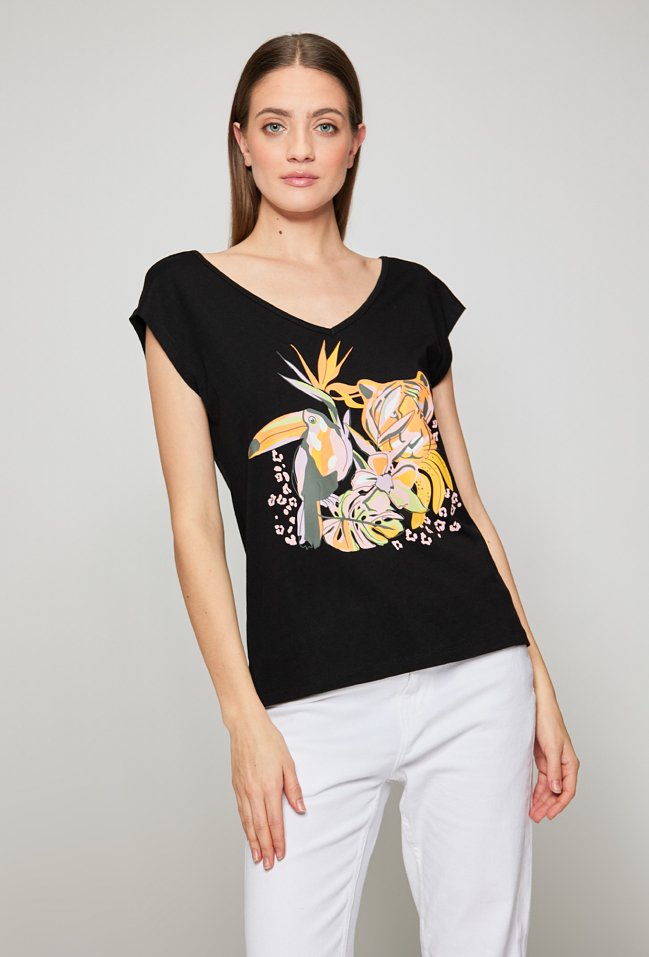 T-shirt damski z wzorzystym panelem - Monnari