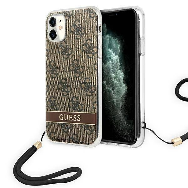 Etui Guess do iPhone 11 brązowy hardcase 4G Print Strap