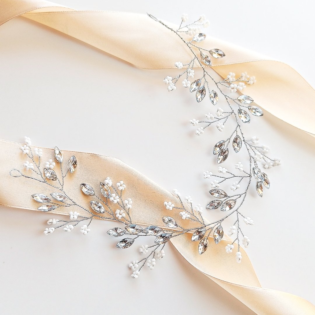 Gałązka do włosów z koralikami KRYSZTAŁKAMI srebro