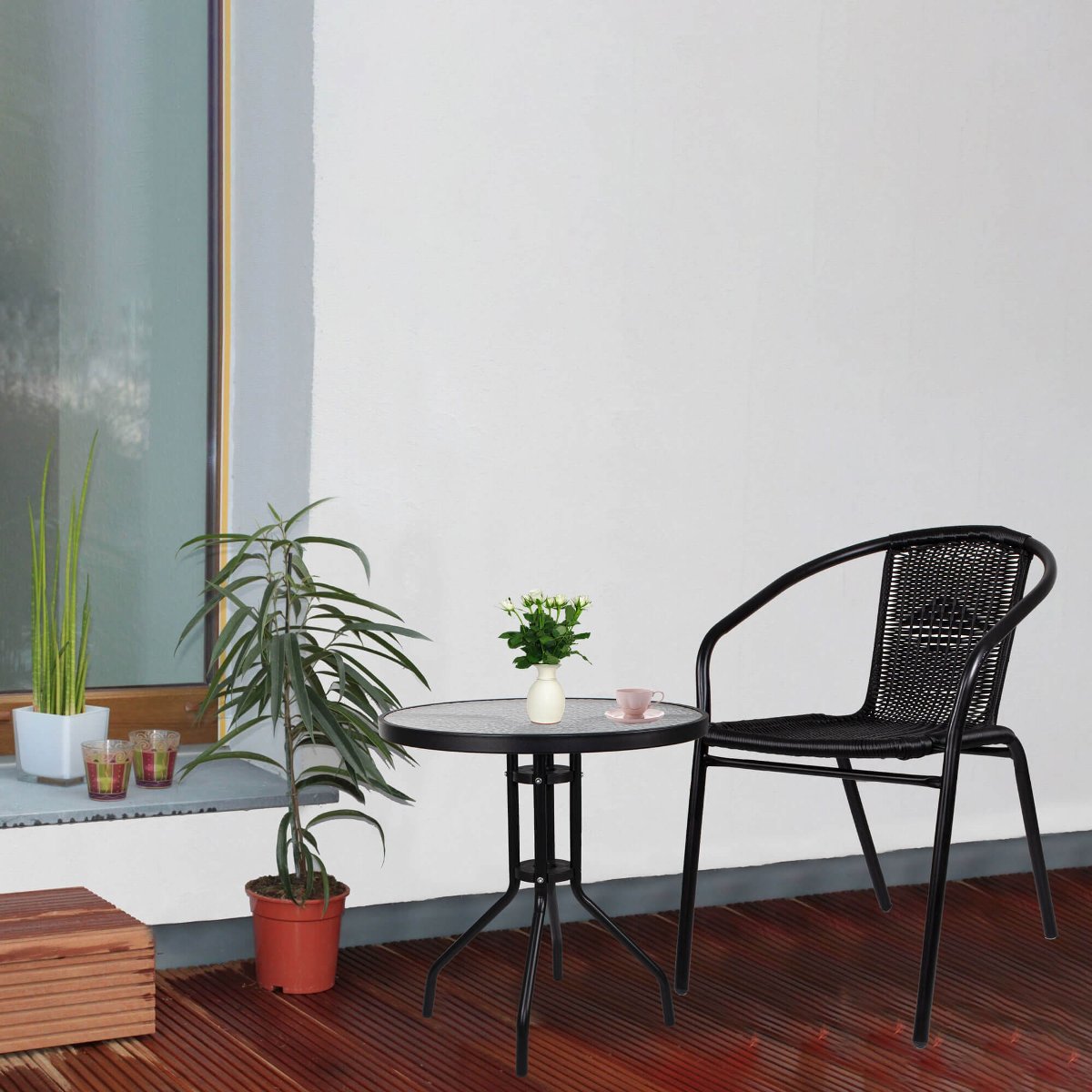 Stolik ogrodowy okrągły na balkon metal i szkło czarny GF1010