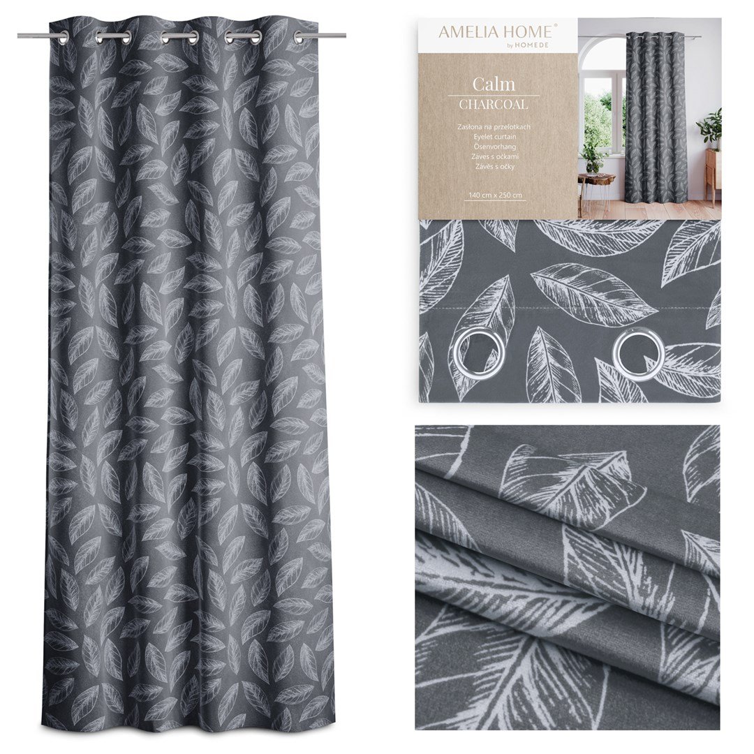 Zasłona CALM kolor grafitowy drukowany motyw roślinny styl klasyczny srebrne przelotki velvet 140x250 ameliahome - CURT/AH/VELVE