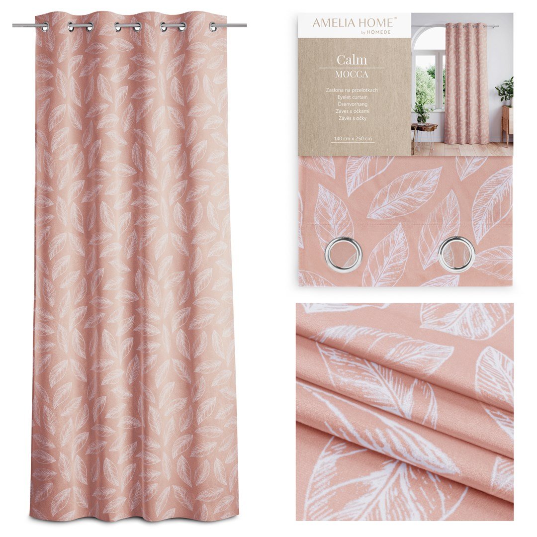 Zasłona CALM kolor pudrowy róż drukowany motyw roślinny styl klasyczny srebrne przelotki velvet 140x250 ameliahome - CURT/AH/VEL