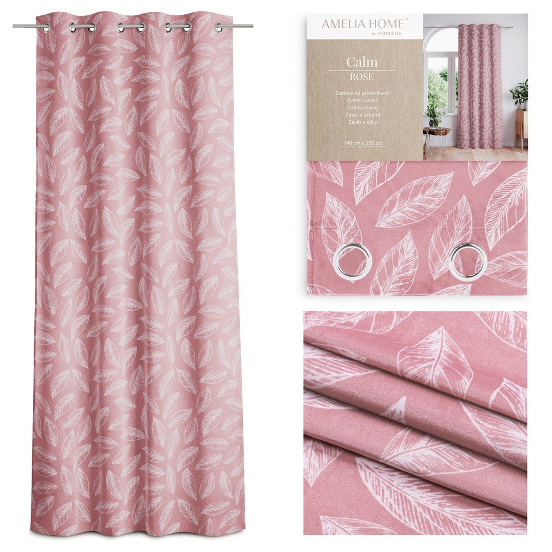 Zasłona CALM kolor różowy drukowany motyw roślinny styl klasyczny srebrne przelotki velvet 140x250 ameliahome - CURT/AH/VELVET/C