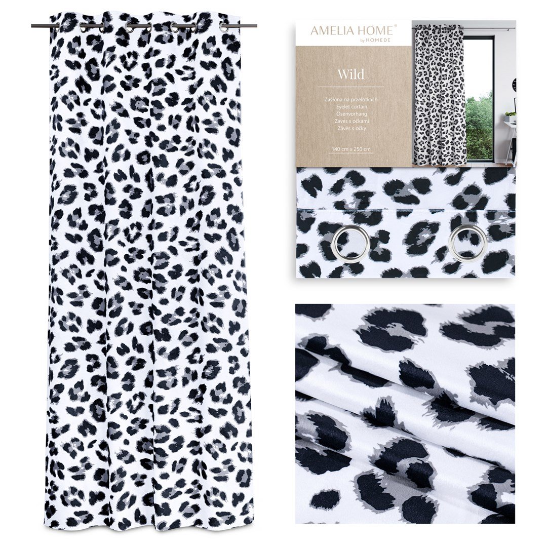 Zasłona WILD kolor biały drukowany motyw zwierzęcy styl tropikalny srebrne przelotki przelotki srebrne velvet 140x250 ameliahome