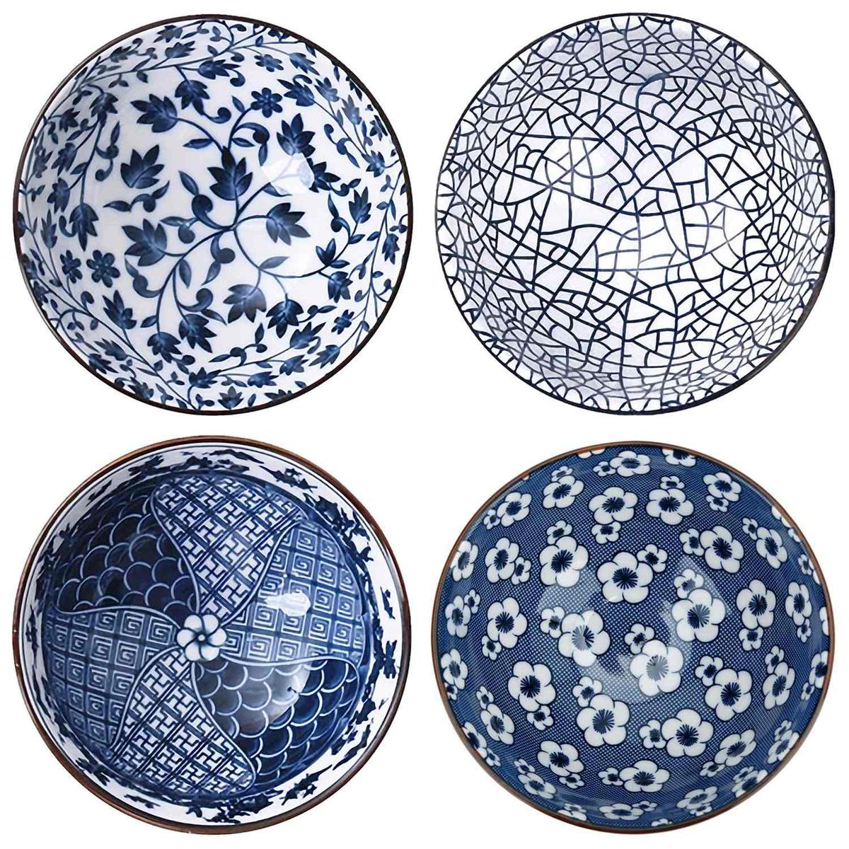 4-częściowy zestaw misek w eleganckim pudełku prezentowym - japońska porcelana stołowa w kolorze niebieskim i białym