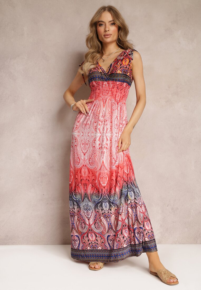 Czerwona Kopertowa Sukienka Maxi z Gumkami w Talii i Ściągaczami na Ramionach Hannele