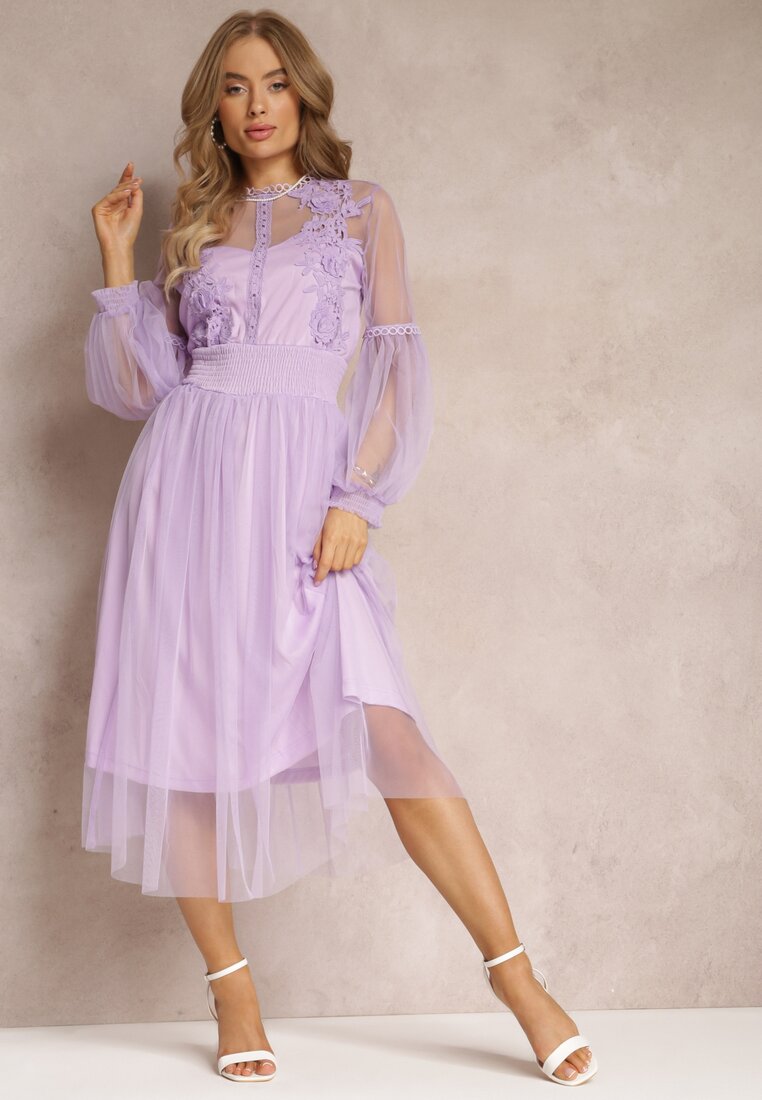 Fioletowa Tiulowa Sukienka Rozkloszowana z Koronką Nirthe