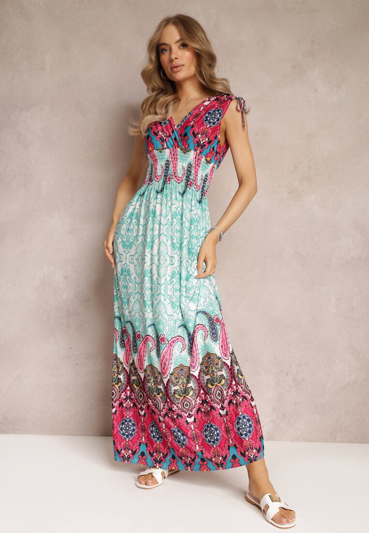 Miętowo-Fuksjowa Sukienka Maxi w Stylu Boho z Gumką w Pasie Bernette