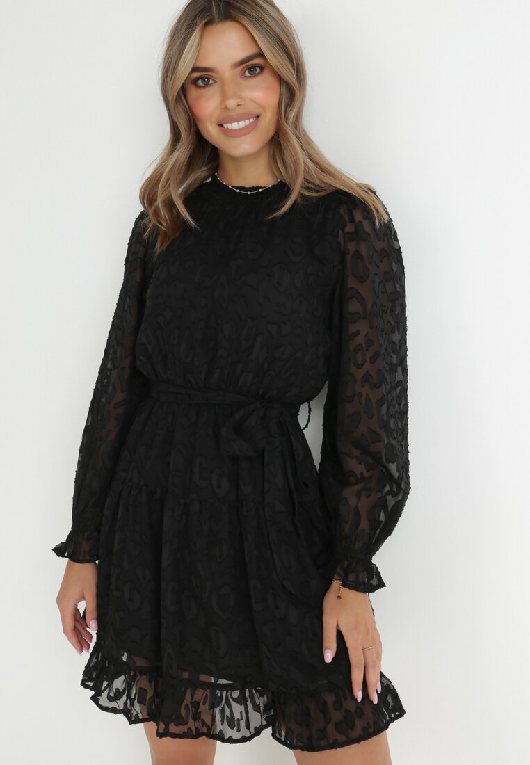 Czarna Sukienka Koronkowa Wiązana w Pasie Mova