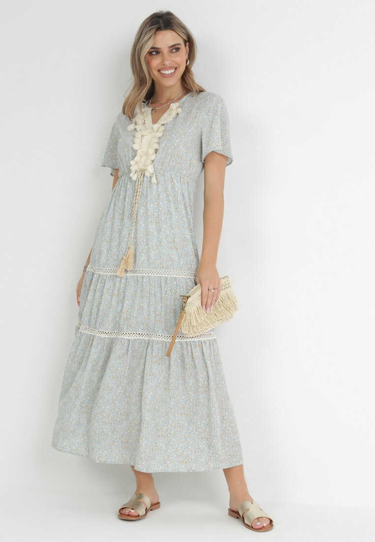 Jasnoniebieska Sukienka Maxi z Gumką w Pasie i Chwostami w Kwiaty Patrisce
