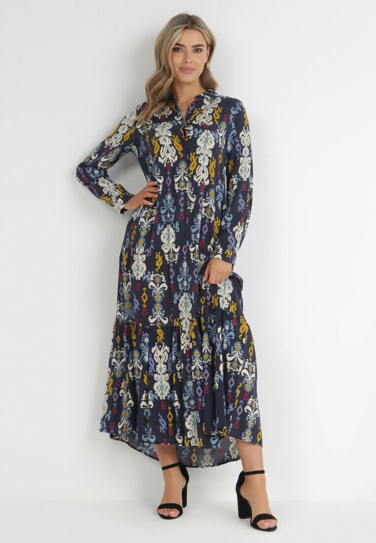 Granatowa Sukienka Koszulowa Rozkloszowana Delirime