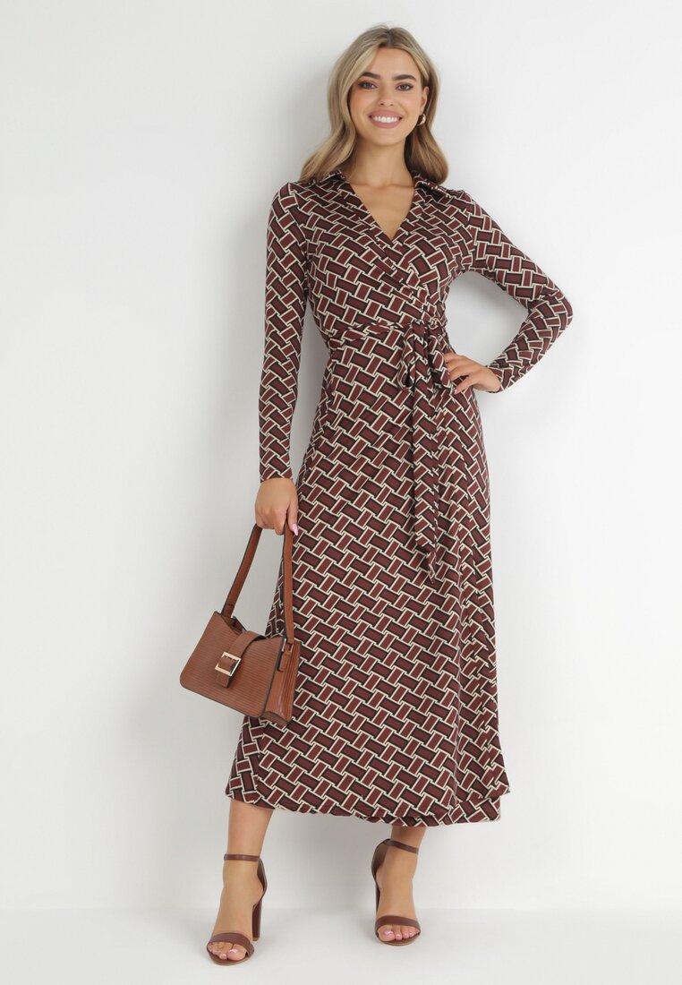 Ciemnobrązowa Sukienka Kopertowa Thrasise