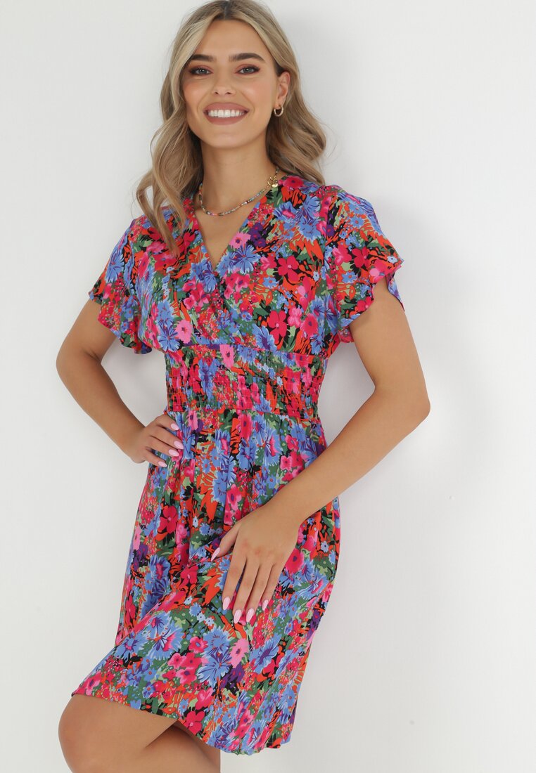 Różowo-Niebieska Sukienka Mini z Szeroką Gumką w Talii i Kopertowym Dekoltem Nevun