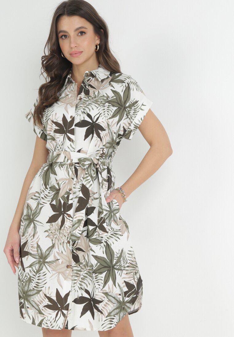 Ciemnozielona Koszulowa Sukienka Mini z Materiałowym Paskiem z Wzorzystej Bawełny Besana